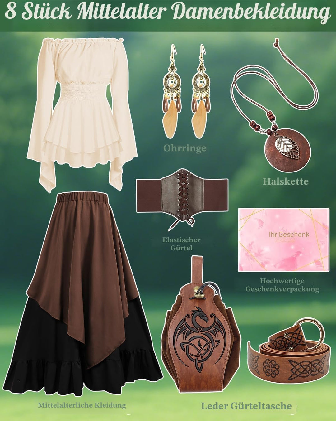 Mittelalter Kleidung Damen Set, Renaissance Kostüm und Retro Off Shoulder Bluse mit Corsett, Gürtelt