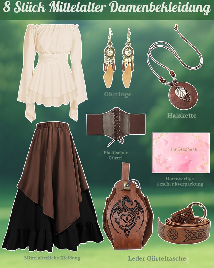 Mittelalter Kleidung Damen Set, Renaissance Kostüm und Retro Off Shoulder Bluse mit Corsett, Gürtelt
