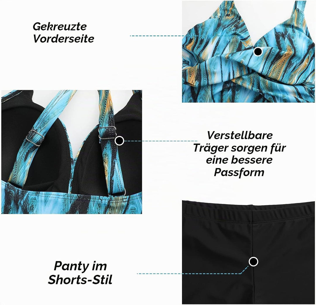 Adigaber Damen zweiteilig Badeanzug Push up Bademoden bauchweg Tankini Set mit Hot Pants Drucken Bad