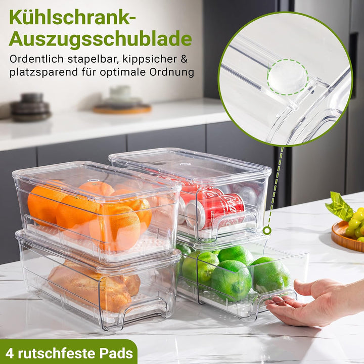 Imncya 4er-Set Kühlschrank-Organizer Schubladen Boxen, Klare stapelbare Ausziehkühlschrank-Schublade