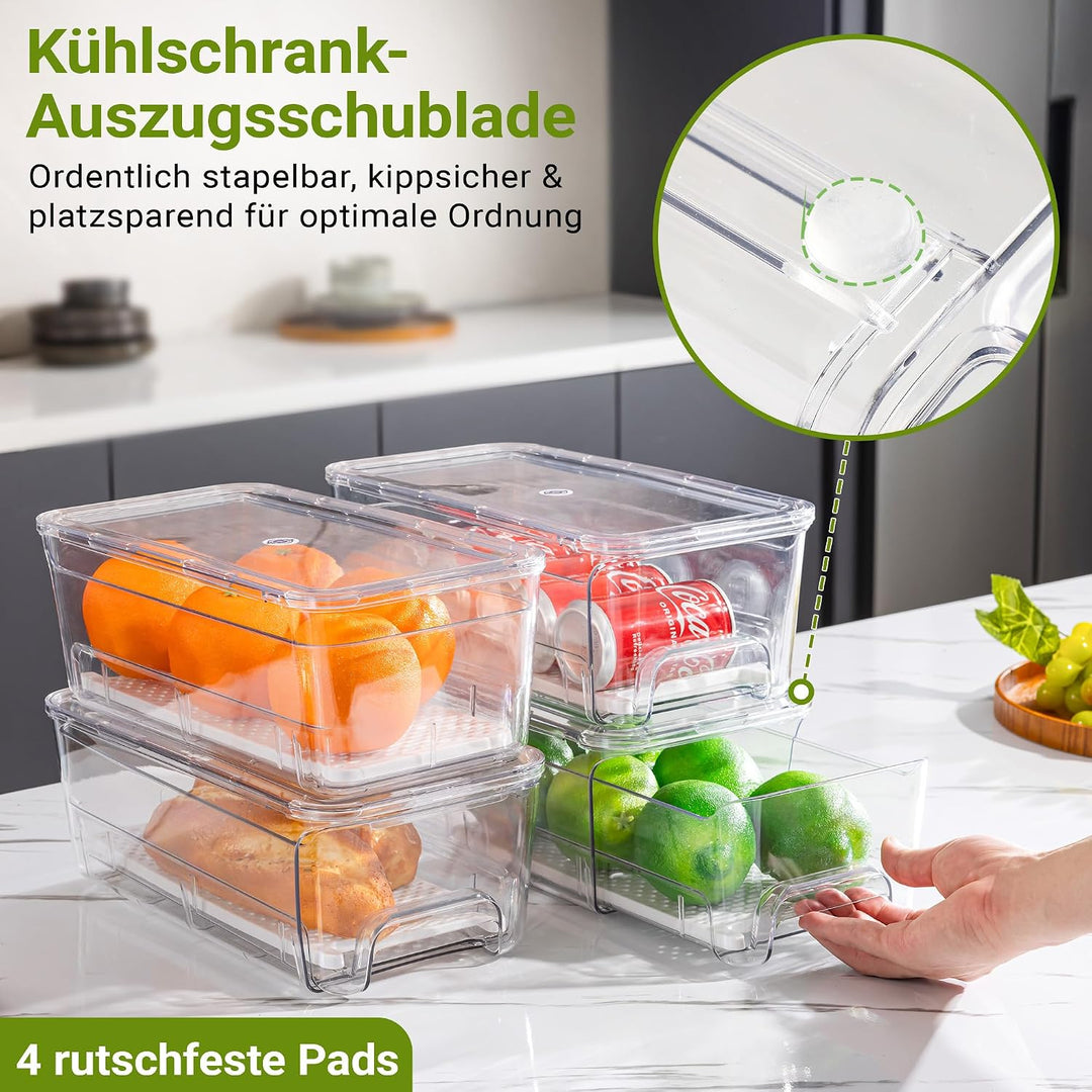 Imncya 4er-Set Kühlschrank-Organizer Schubladen Boxen, Klare stapelbare Ausziehkühlschrank-Schublade