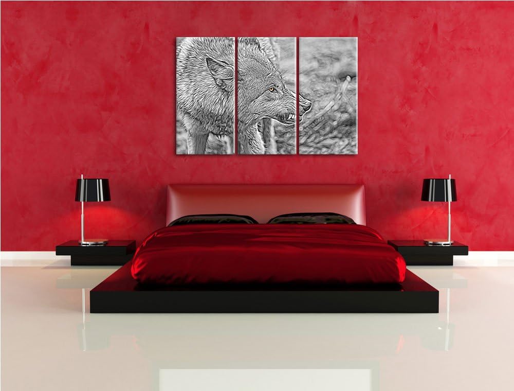 knurrender Wolf schwarz/weiss Deluxe 3-Teiler Leinwandbild 120x80 Bild auf Leinwand, XXL riesige Bil