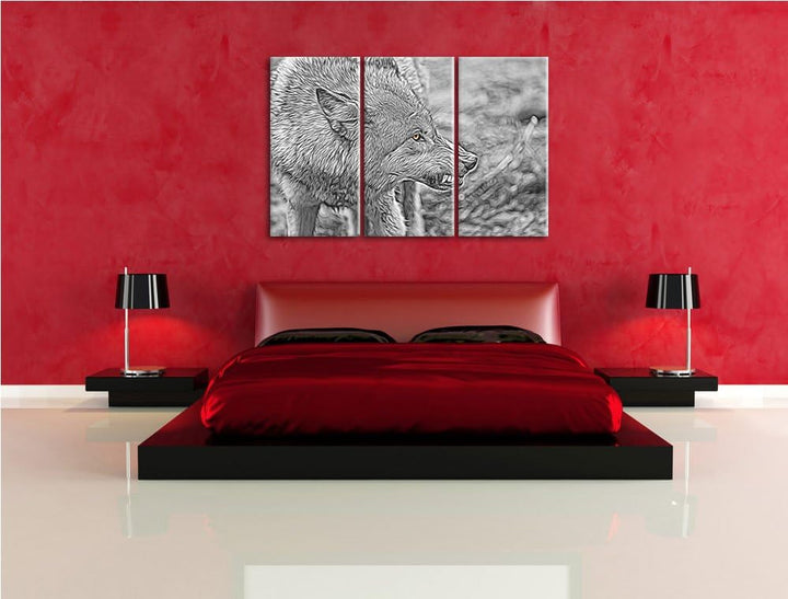 knurrender Wolf schwarz/weiss Deluxe 3-Teiler Leinwandbild 120x80 Bild auf Leinwand, XXL riesige Bil