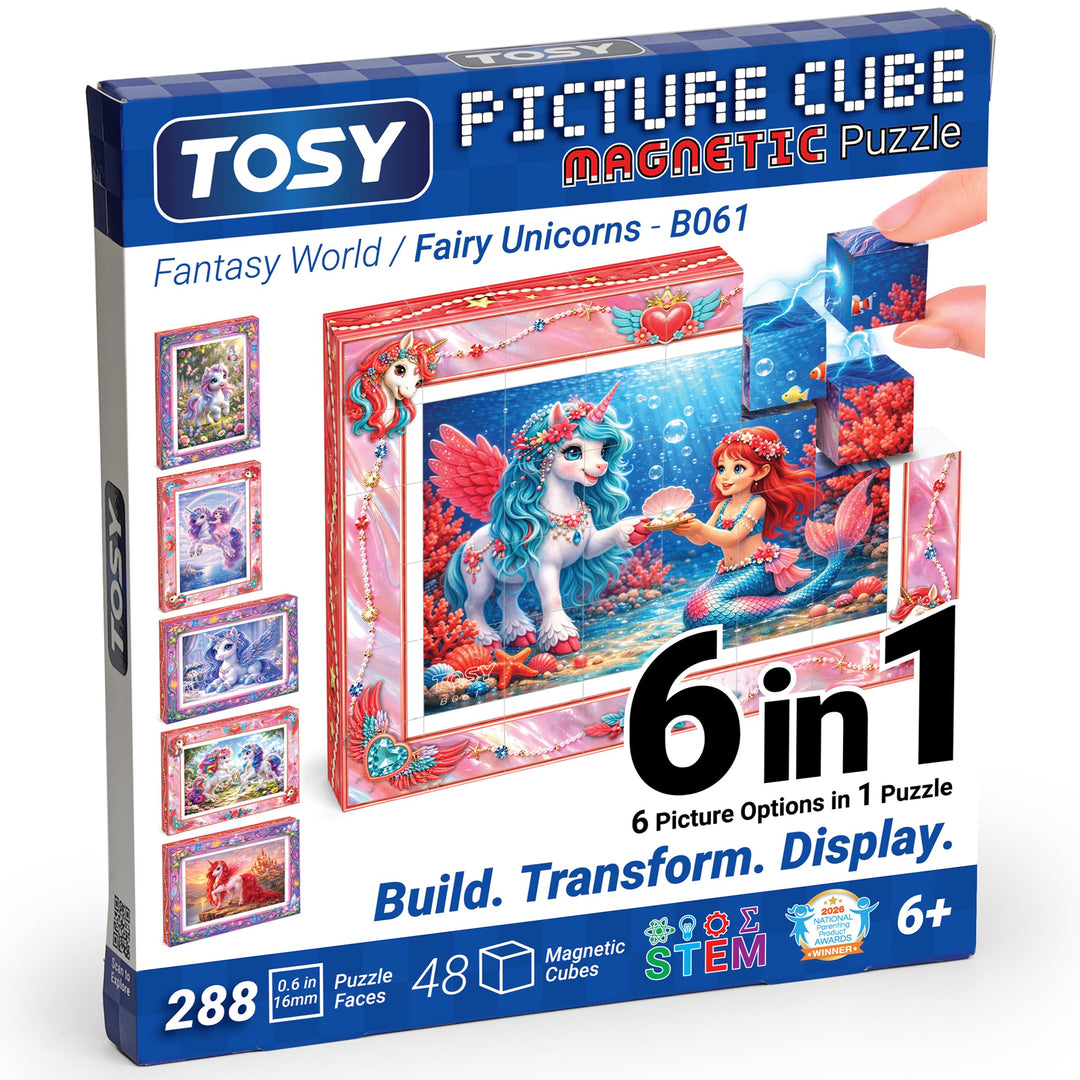 TOSY Picture Cube Fairy Unicorns: 6-in-1 magnetisches Bilderpuzzle, 48 Blöcke, 288 Flächen/Magnete,