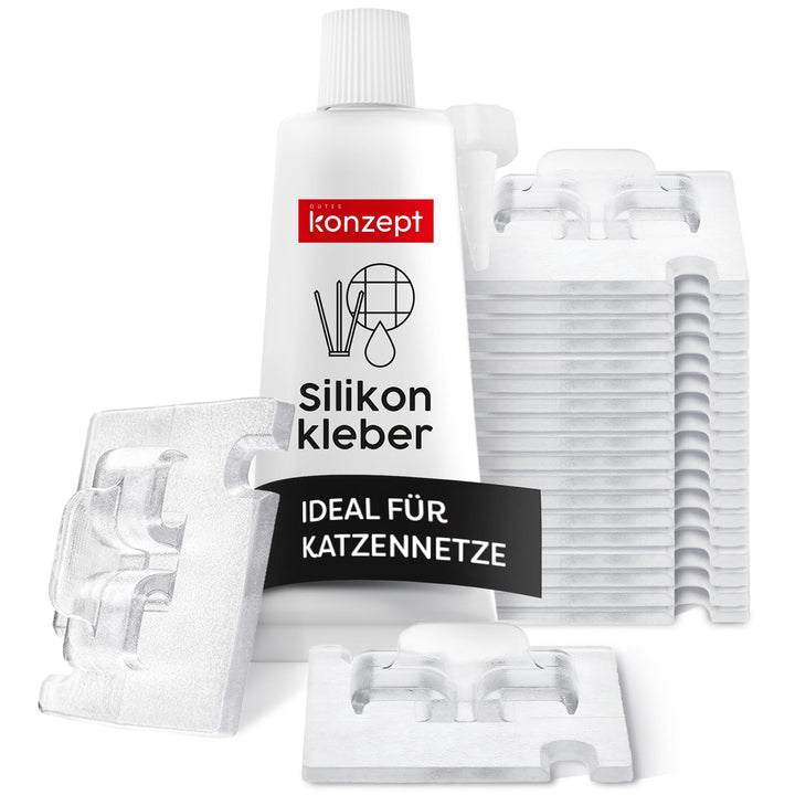 Klebehaken für Katzennetz Balkon, 20 Stück mit Montagekleber 30ml, extra stark – ohne Bohren, transp