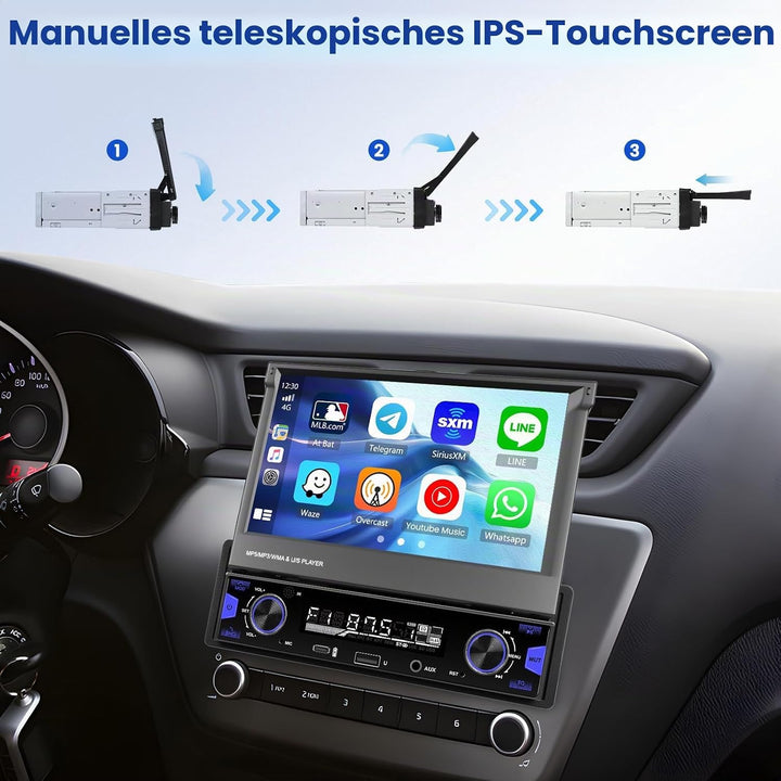 Hikity 1 Din Autoradio mit 7” IPS Manuell Einziehbarer Touchscreen Wireless Carplay Andriod Auto FM