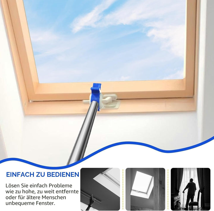 Fenstergriff Verlängerung mit Stockhaken für Dachfenster - Fensteröffner mit Dachhaken, 110cm Edelst