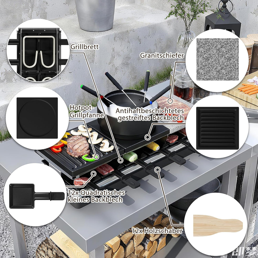 Multifunktions-Raclette- & Tischgrill 1650 W für 12 Personen mit Naturstein- & Antihaftplatten, Hot