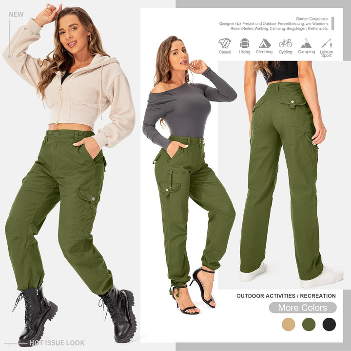 Cargohose Damen Hosen Multi Taschen Wanderhose Outdoorhose Baumwolle Arbeitshose Jogginghose Relaxed