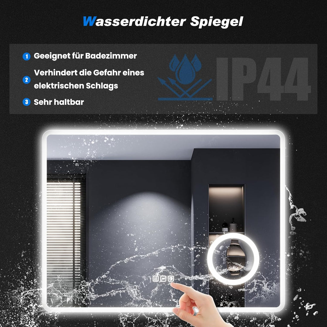 SONNI LED Badspiegel mit Steckdose 120x70 cm, Badezimmerspiegel mit Beleuchtung, Touchschalter, 3 ei