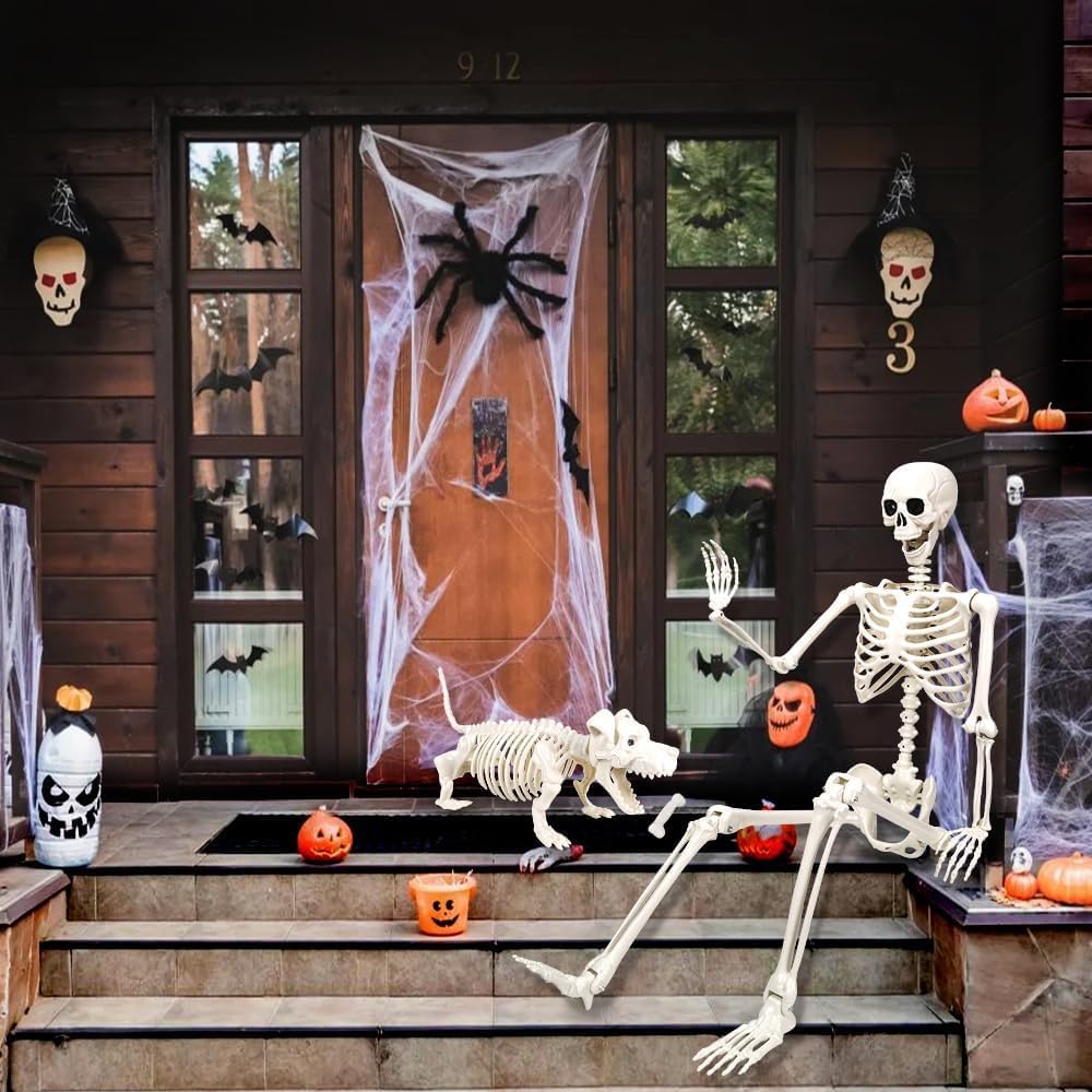 DIYDEC 165cm Halloween Bewegliches Skelett mit Hund, Ganzkörper Hunde Skelett Lebensgrosses Skelett