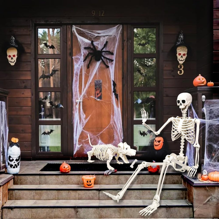 DIYDEC 165cm Halloween Bewegliches Skelett mit Hund, Ganzkörper Hunde Skelett Lebensgrosses Skelett
