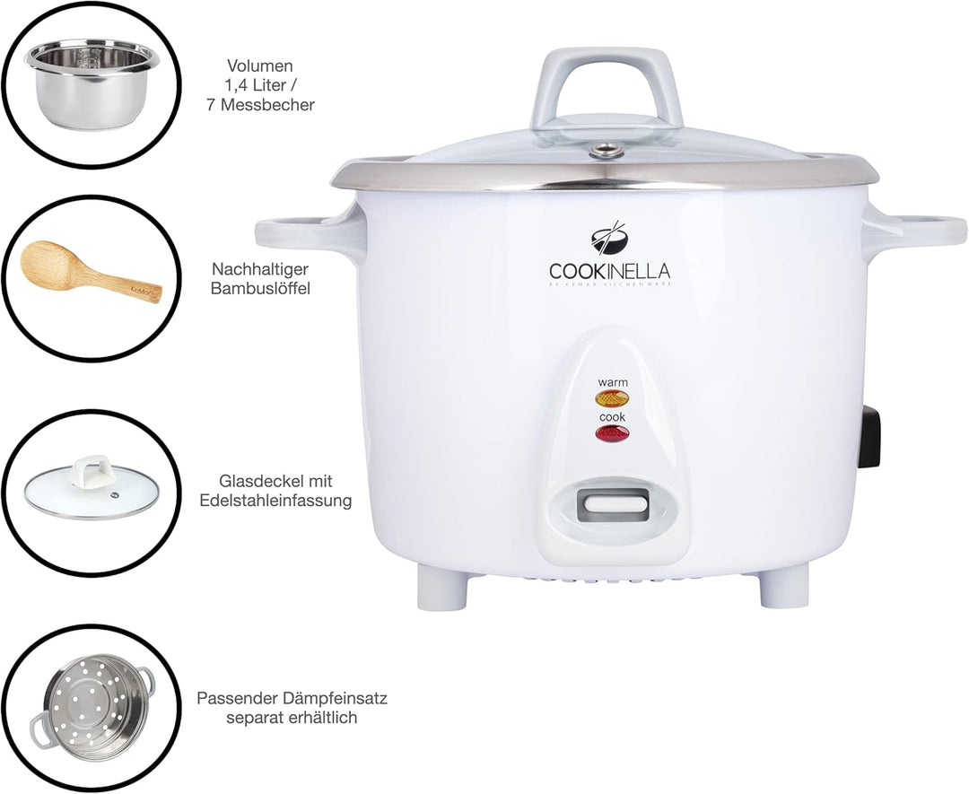 KeMar Kitchenware KRC-200 Reiskocher Edelstahltopf (1,4L, 500W, Weiss) | Glasdeckel | Bambuslöffel,