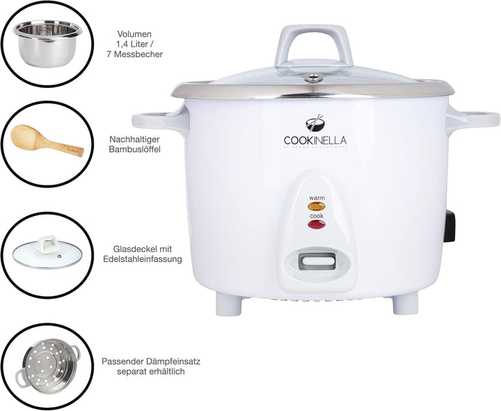 KeMar Kitchenware KRC-200 Reiskocher Edelstahltopf (1,4L, 500W, Weiss) | Glasdeckel | Bambuslöffel,