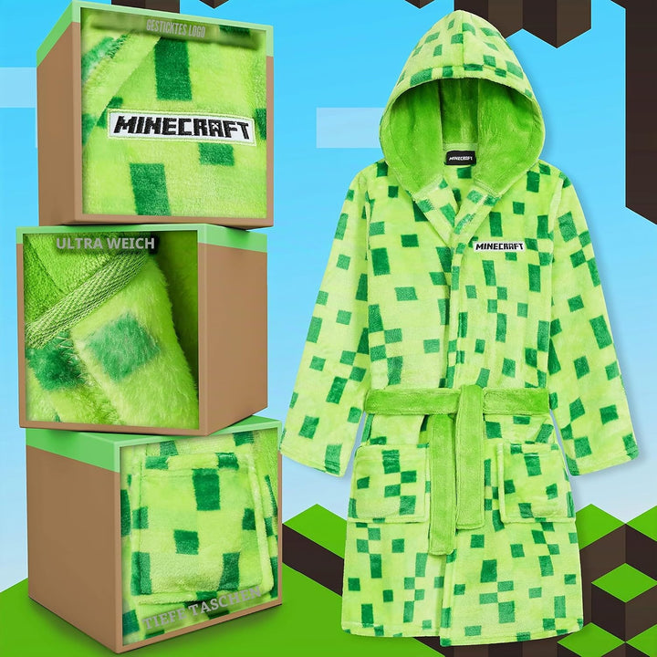 Minecraft-Dressingkleid Pixelated Creeper Gamer Geschenk Jungen Bademantel 11-12 Jahre Grün, 11-12 J