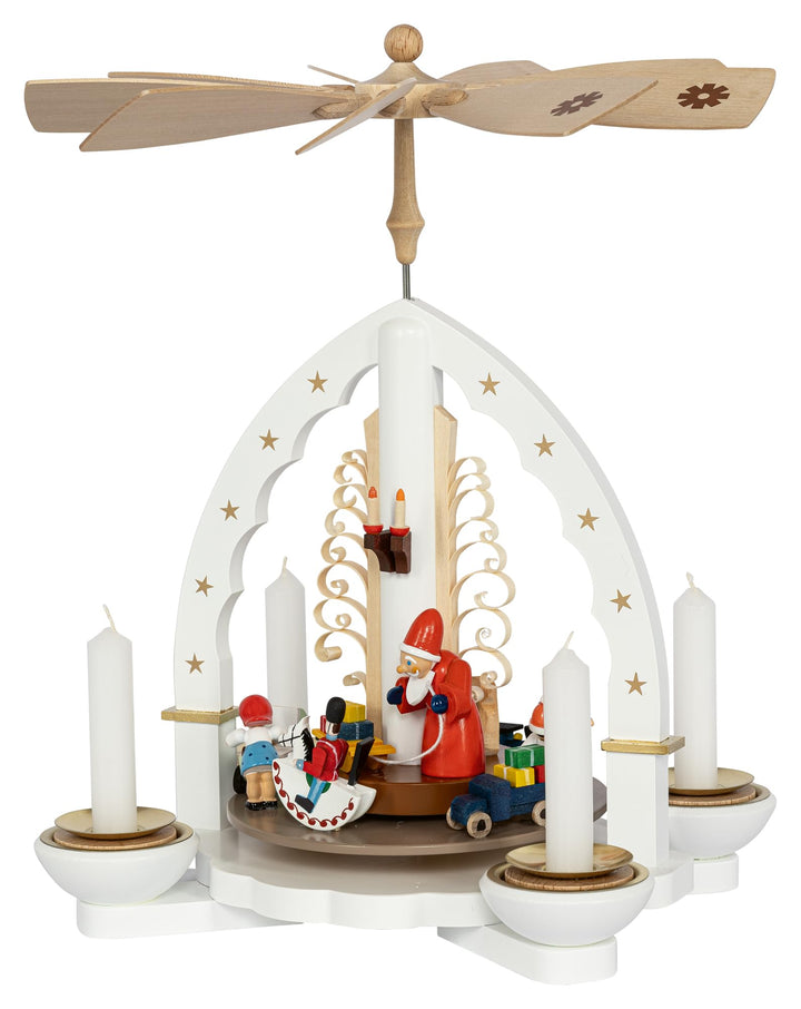 Richard Glaesser Pyramide Weihnachtsbescherung weiss für Teelicht und Kerzen aus Seiffen im Erzgebir