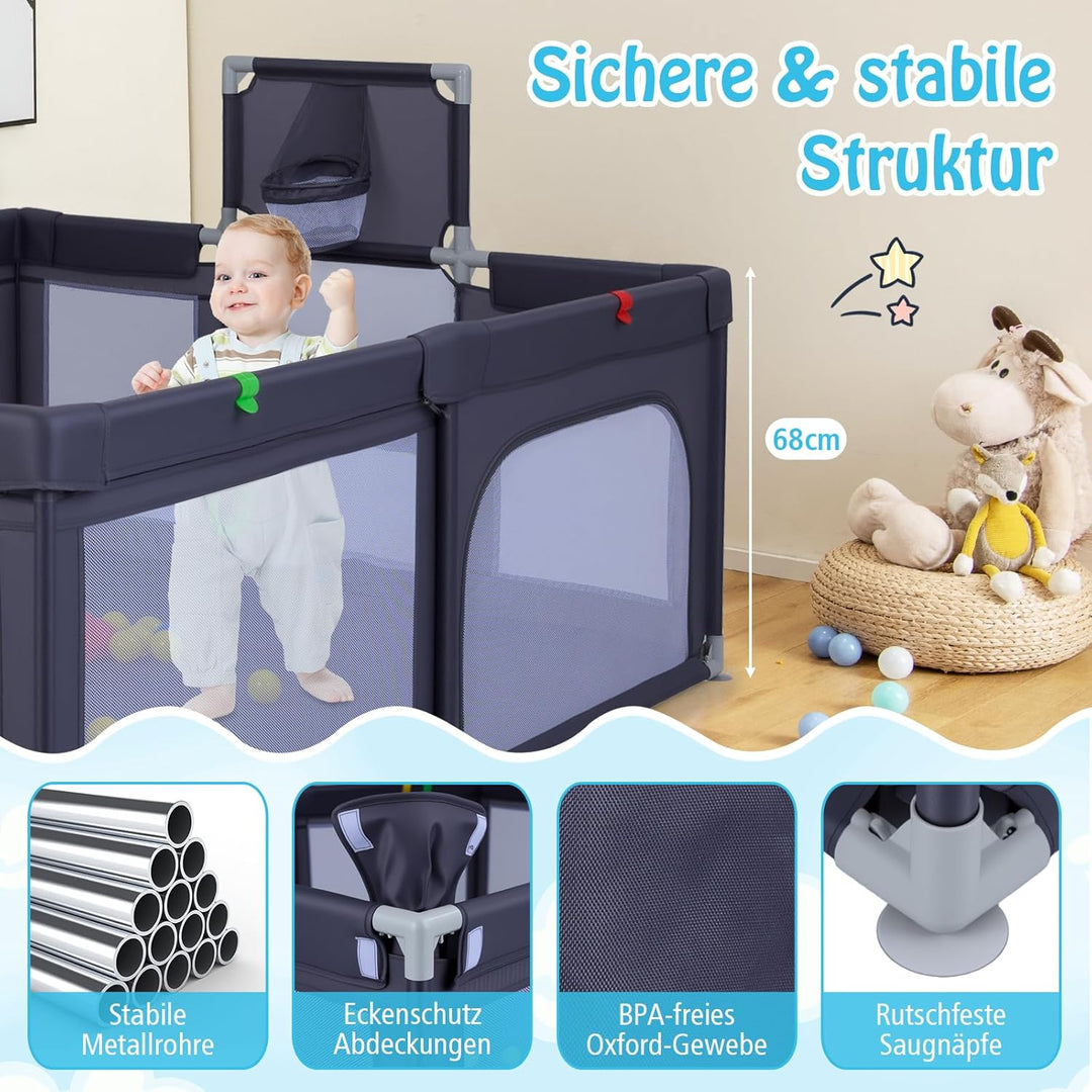 DREAMADE Laufstall baby, Laufgitter mit Matratze & Basketballkorb & Zugring, Schutzgitter mit Rutsch