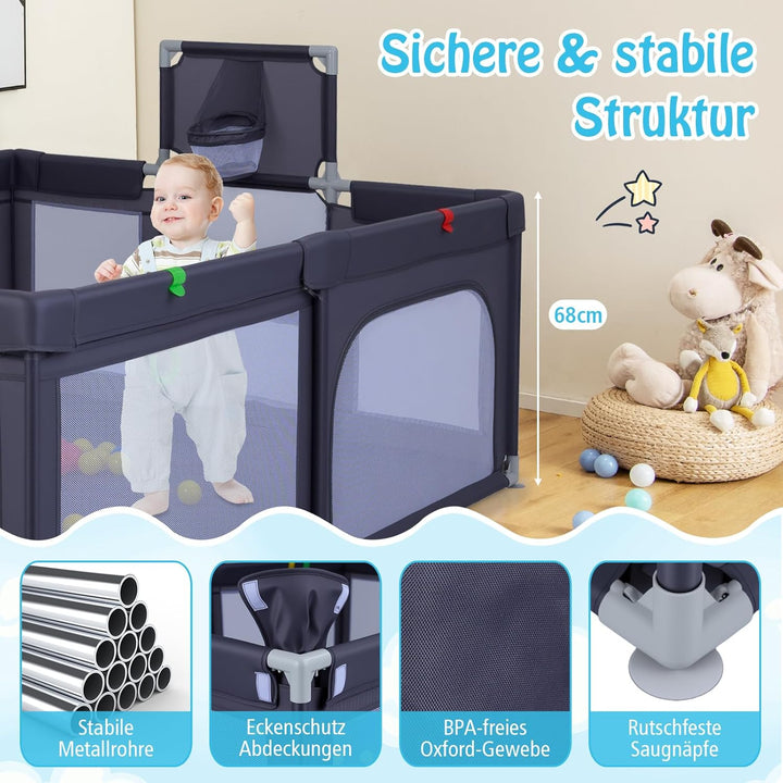 DREAMADE Laufstall baby, Laufgitter mit Matratze & Basketballkorb & Zugring, Schutzgitter mit Rutsch