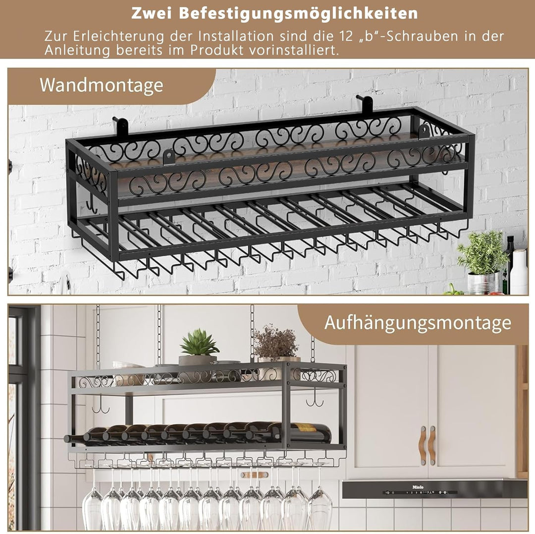Deckenregal Weinregal Hängends Höhenverstellbare Deckenweinregal mit Glashalter Eisenkette Verstellb