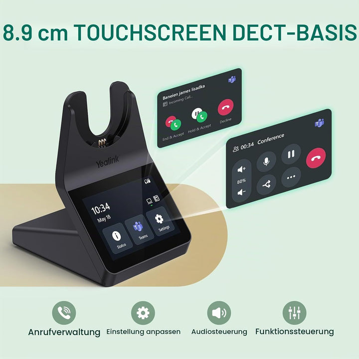Yealink WH64 Pro DECT &amp; Bluetooth Wireless Headset, 3.5" Touchscreen, Teams,UC,Zoom Dual On Ear Head