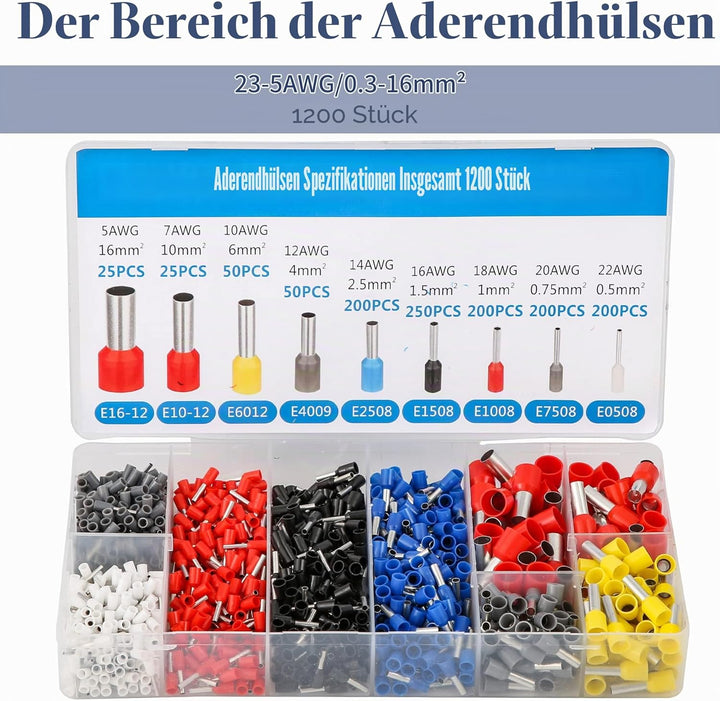 Aderendhülsen-Crimpzangen-Set, sechseckige Draht-Crimpzange für 0,08–16 mm² mit 1200 Stück roten Kup