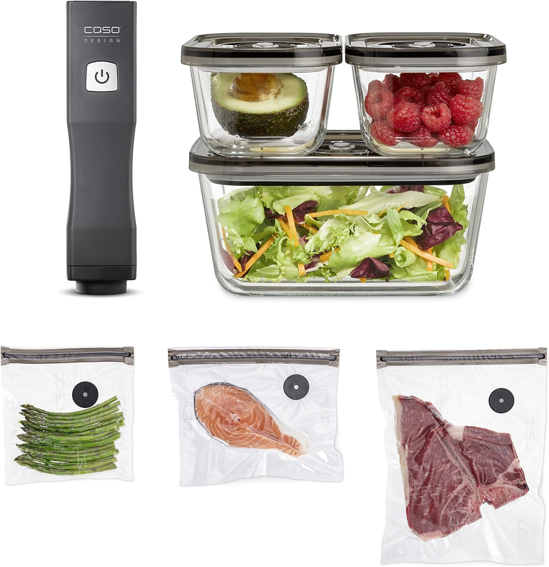 CASO Vacu OneTouch Eco-Set, Handvakuumierer inkl. 3 Vakuumbehälter aus Glas, 10 ZIP-Beutel und Food
