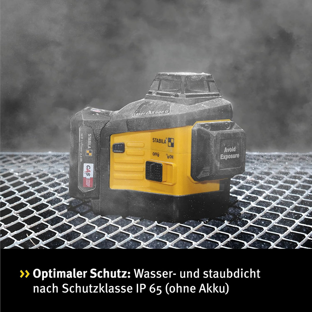 Stabila 12-V-System Kreuzlinienlaser LAX 600 G, selbstnivellierend, 3 x 360° grüne Laserlinien, max.