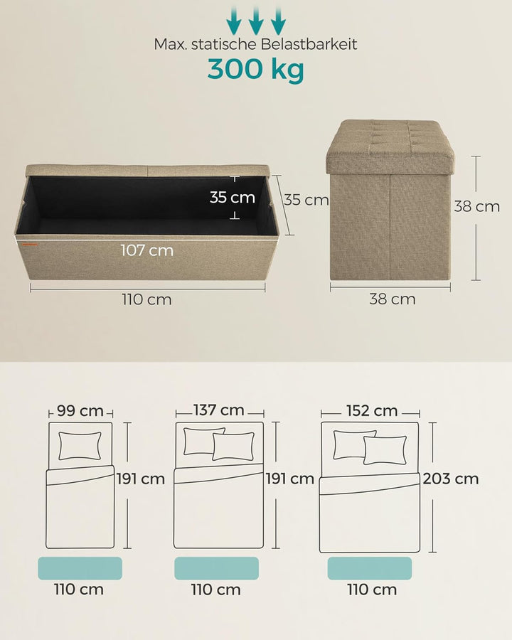 SONGMICS Sitzbank mit Stauraum, Truhe faltbar, Aufbewahrungsbox 38 x 110 x 38 cm, Klappdeckel, 300 k