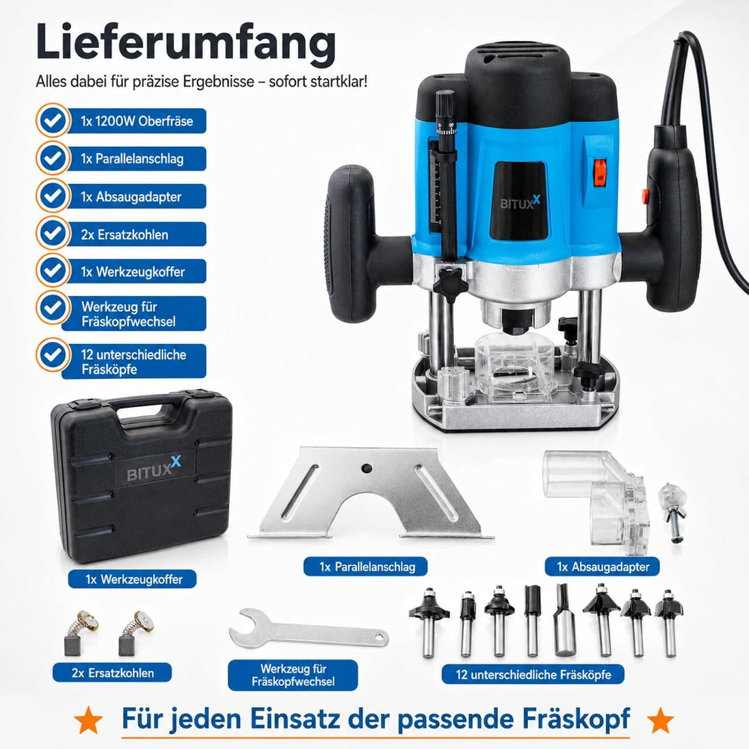 Bituxx 1200W Oberfräse Fräse Kantenfräse Holzfräse Parallelanschlag, Absaugadapter inklusive 12 tlg.