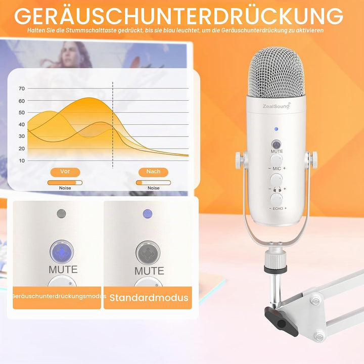 zealsound USB-Mikrofon-Set, k66 Perlweiss Gamging Mikrofon für PC/Mac/Handy/iPhone/PS5, mit Geräusch
