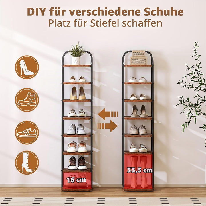 Dripex Vertikales Schuhregal mit 8 Ebenen, Schuhablage schmal Metall, Verstellbar Ablage, platzspare