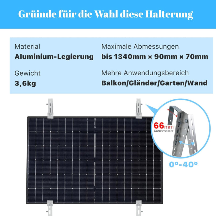 E.For.U® Balkonkraftwerk Halterung Balkon 1300mm, Solarpanel Halterung verstellbar Winkel 10-30°, PV