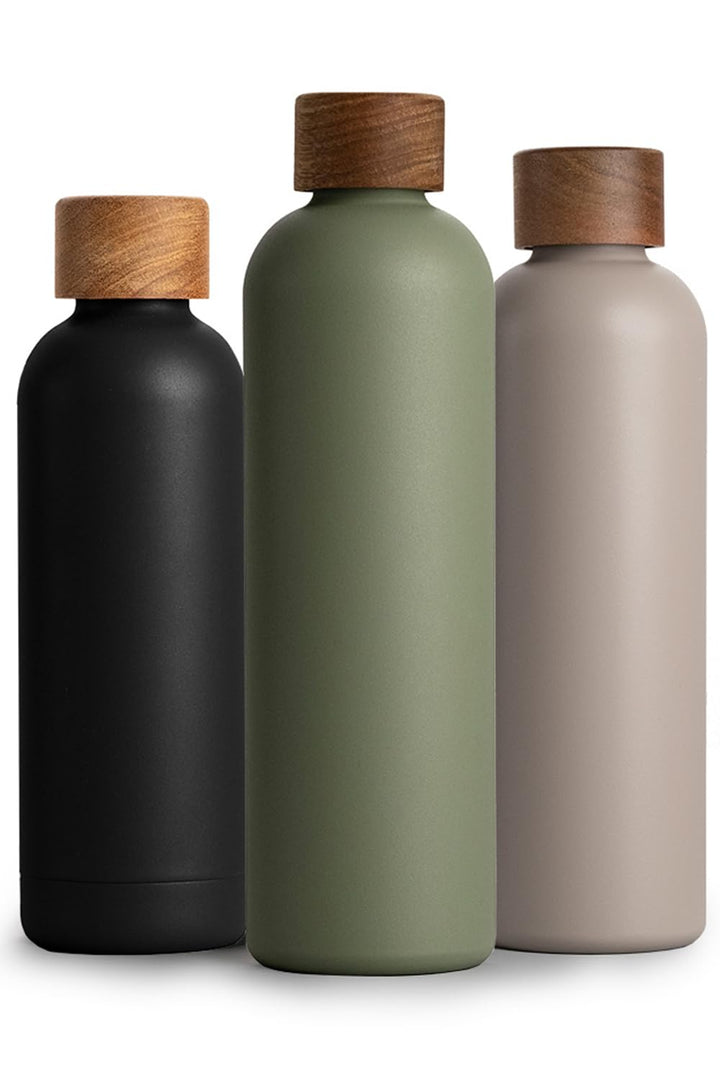 T&amp;N Edelstahl Trinkflasche 1 Liter, Thermosflasche 1l mit Akazienholz Deckel, Isolierte Wasserflasch