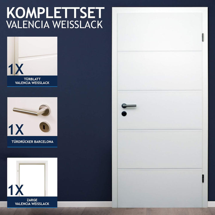 HORI Zimmertür Komplettset mit Zarge und Türdrücker I Innentür weiss lackiert mit 4 Querstreifen I H