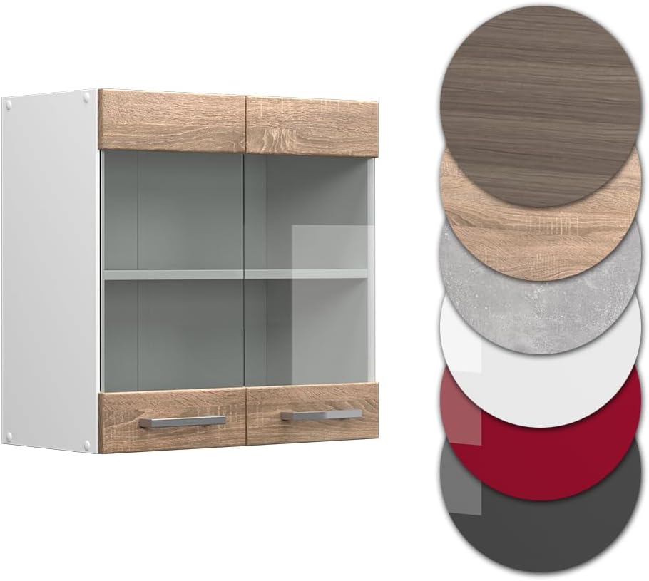 Vicco Küchenschrank Glas R-Line, Sonoma/Weiss, 60 cm Sonoma Hängeglasschrank 60cm, Sonoma Hängeglass