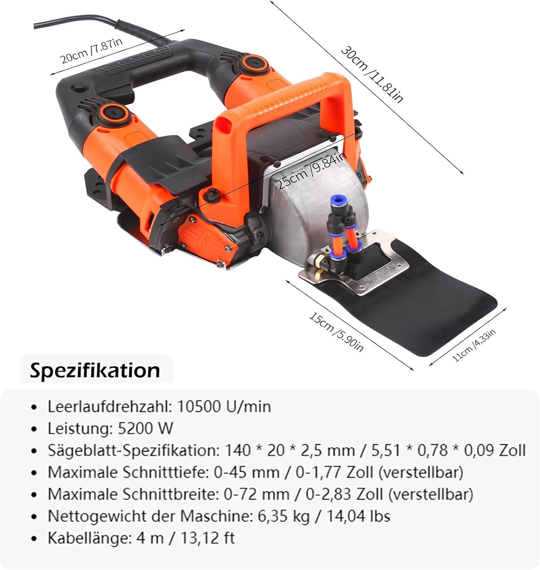VonVVer Mauernutfräse 5200W Schlitzfräse Schnitttiefe bis 45mm Schnittbreit bis 72mm 10500U/Min Maue