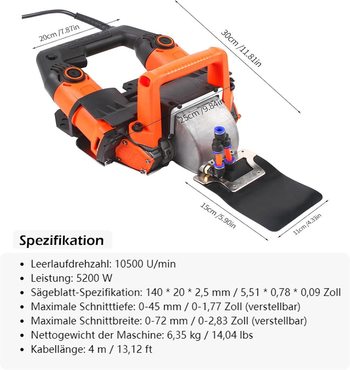 VonVVer Mauernutfräse 5200W Schlitzfräse Schnitttiefe bis 45mm Schnittbreit bis 72mm 10500U/Min Maue