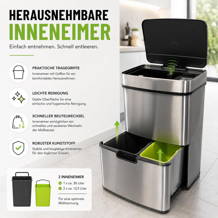 casa pura Mülleimer 4 Fächer, elektrischer Abfalleimer mit Sensor, Mülltrennsystem, Küchenabfalleime