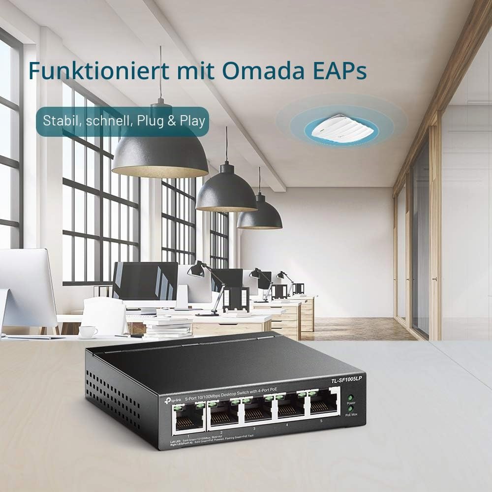TP-Link TL-SF1005LP 5-Port Fast Ethernet PoE Switch (4 davon mit PoE-Unterstützung, 41W Watt, geschi