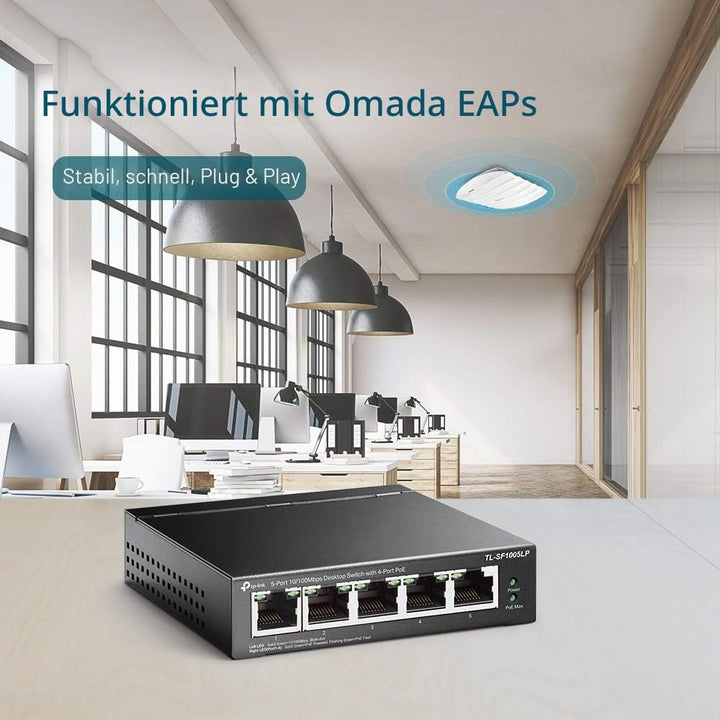 TP-Link TL-SF1005LP 5-Port Fast Ethernet PoE Switch (4 davon mit PoE-Unterstützung, 41W Watt, geschi