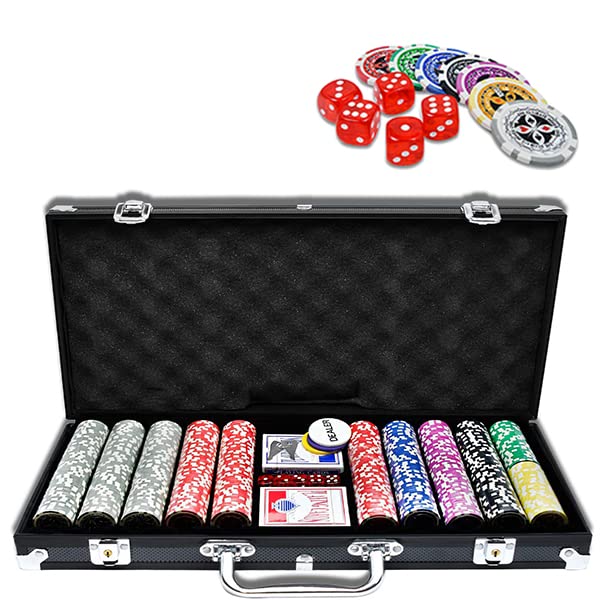 YUENFONG Pokerkoffer Pokerset Schwarz mit 500 hochwertigen Laser Pokerchips, inkl. 2 Pokerdecks, 1 D