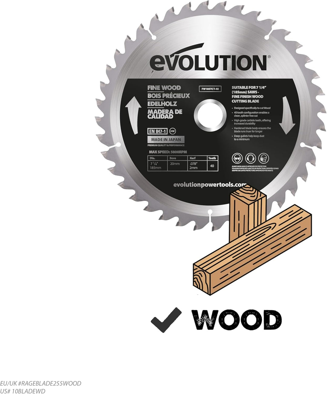Evolution FW255TCT-60 - 255 mm feines Holzsägeblatt - Hartmetallbestücktes Sägeblatt mit 60 Zähnen l