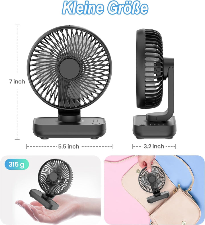Joneytech USB Mini Ventilator, akku-betriebener Tischventilator mit 4000mAh und 4 Geschwindigkeiten,