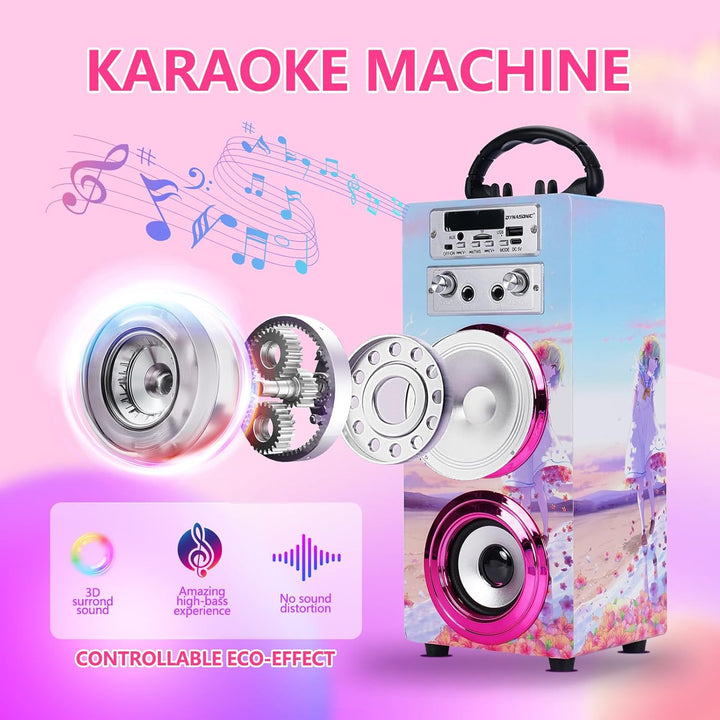 DYNASONIC Karaoke mit 2 Mikrofonen, tragbarer Karaoke-Maschine, Bluetooth-Lautsprecher, USB- und SD-