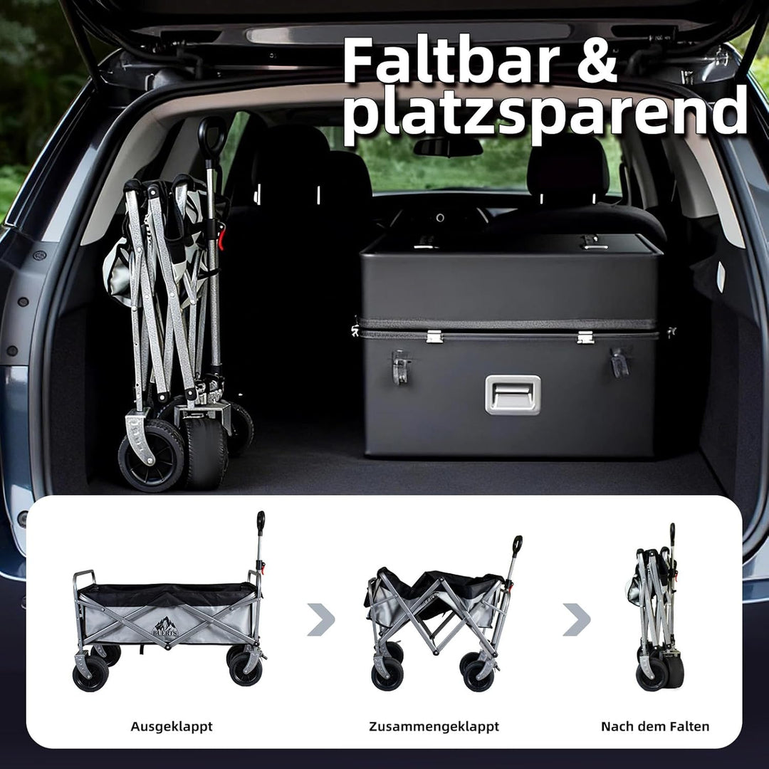 Bollerwagen Faltbar – Tragkraft 272 kg, mit Bremsen, Getränkehalter, Verstellbarem Griff, All Terrai