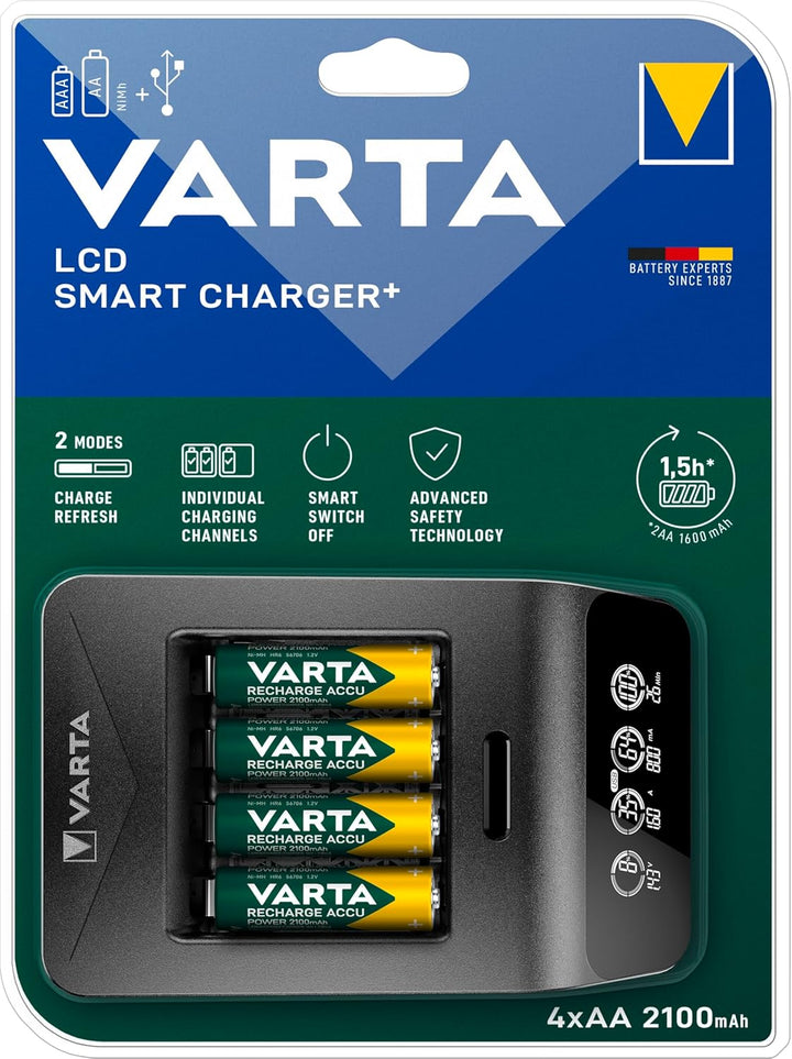 VARTA Akku Ladegerät, inkl. 4x AA 2100mAh, Batterieladegerät für wiederaufladbare AA/AAA, LCD Smart