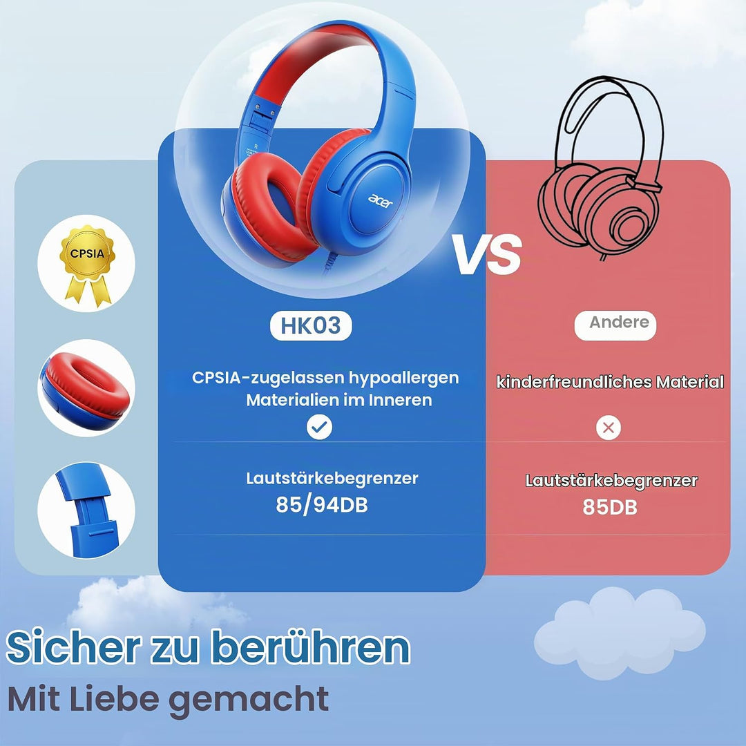 Acer Kopfhörer Kinder mit 3,5 mm Kabel, 85/94dB Lautstärkebegrenzung Blau Rot, Blau Rot