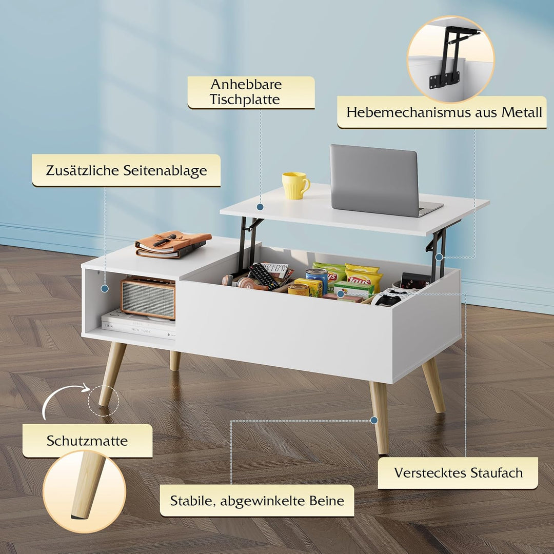 WLIVE Couchtisch Höhenverstellbar und Ausziehbar, Wohnzimmertisch mit Grossem Verstecktem Staufach,