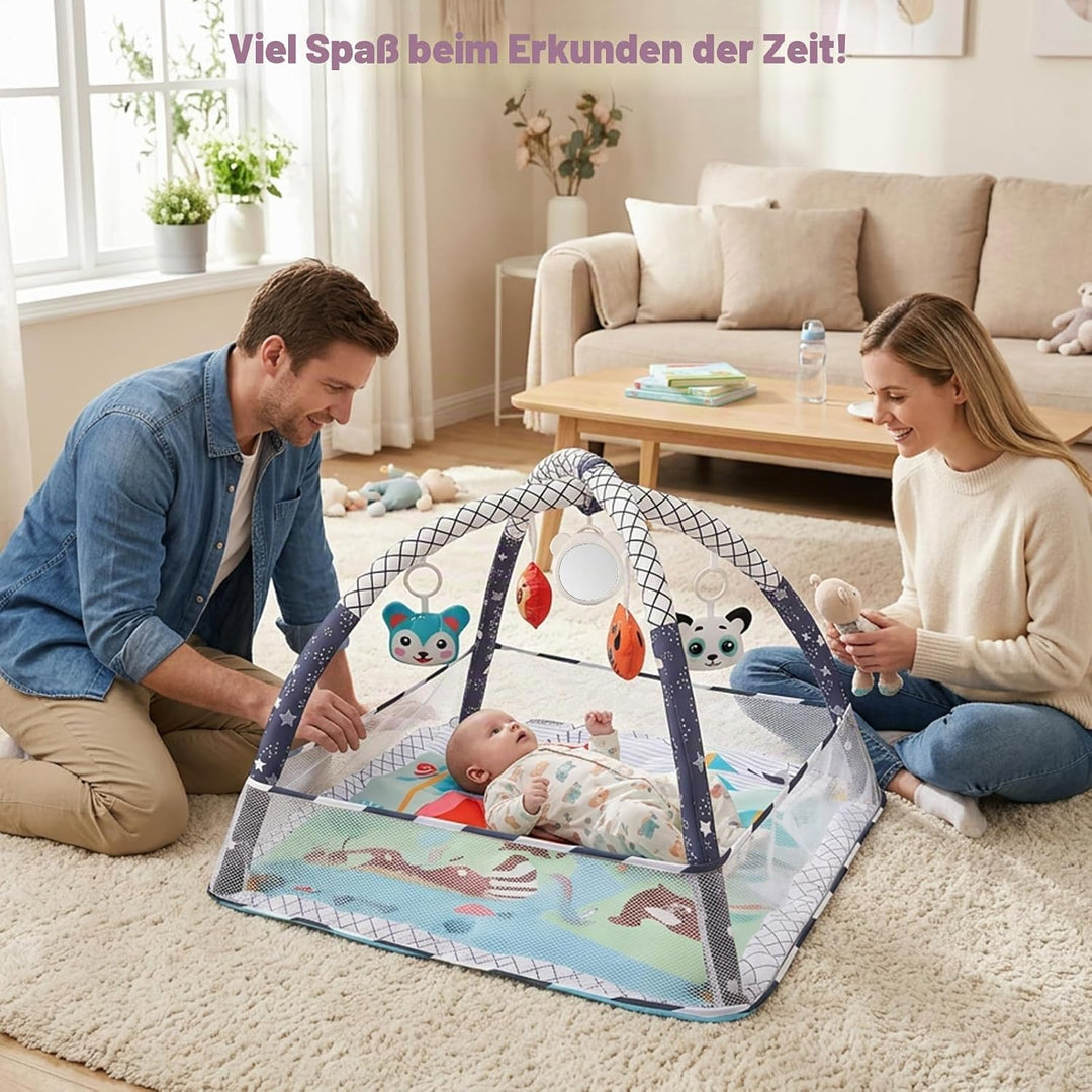 Baby-Spielmatte &amp; Activity-Center mit integriertem Schutzrand, Spielzeug, Spiegel und Bällen – Boden