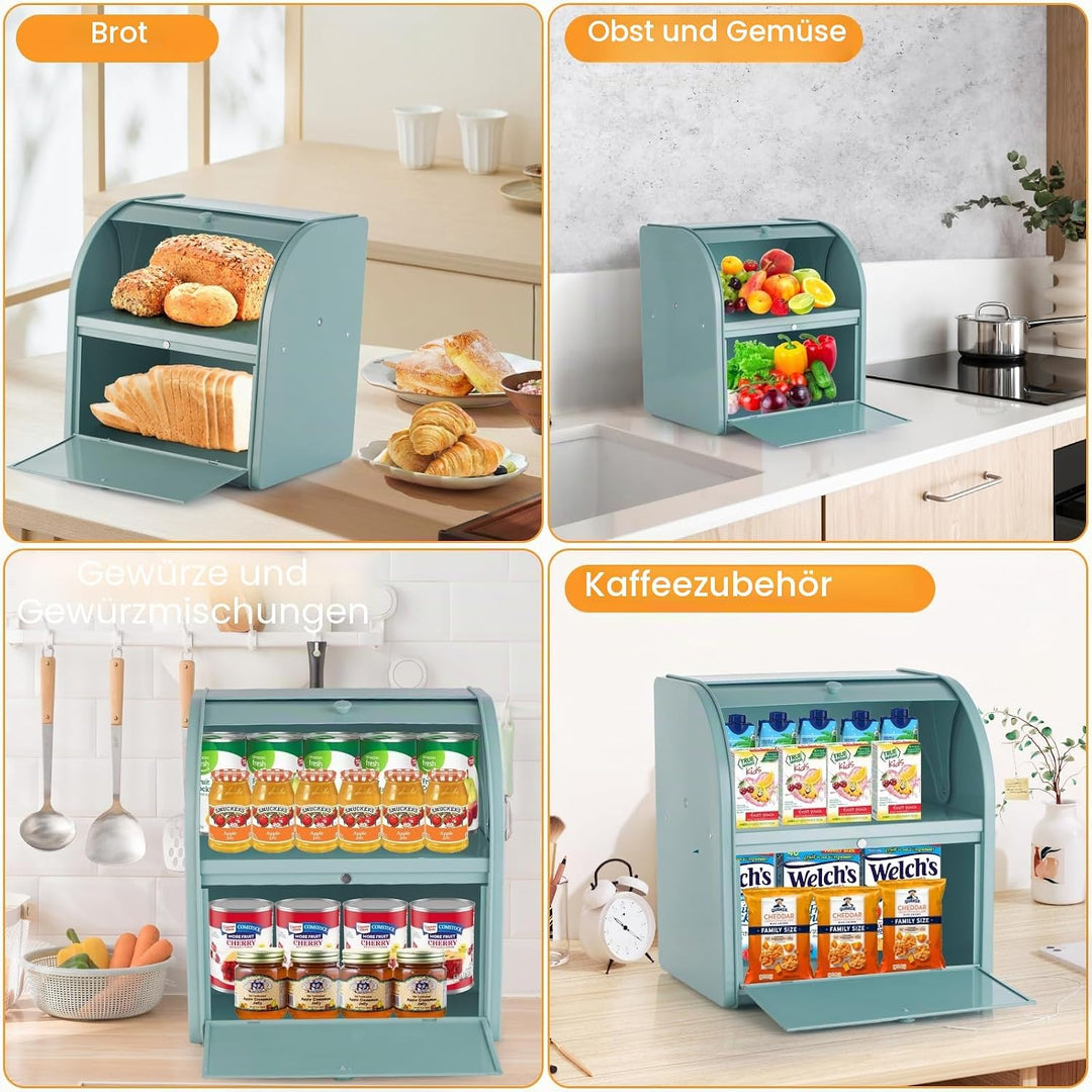 Brotbox aus Metall für Küchenarbeitsplatte, Doppelschicht, Roll-Top-Brotaufbewahrungsbehälter, Leben